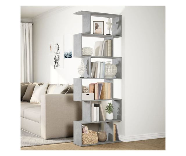 6 szintes betonszürke fa térelválasztó könyvespolc 70x24x193 cm
