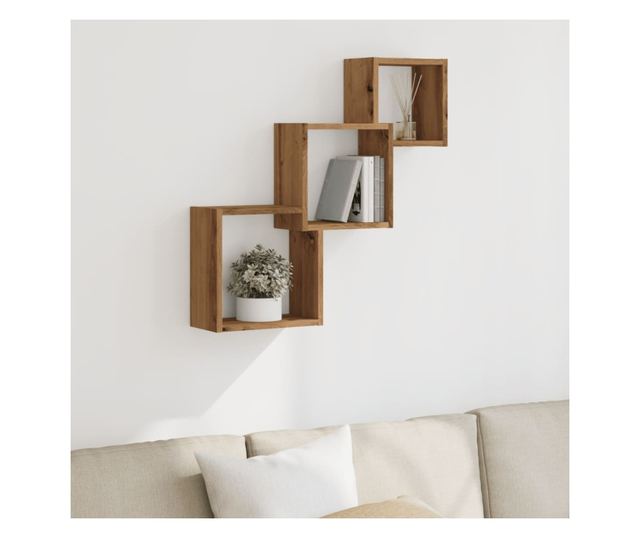 kézműves tölgy színű szerelt fa fali kocka polcok 68x15x68 cm