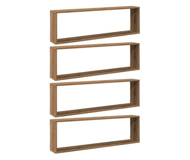 4 db kézműves tölgyszínű szerelt fa fali kockapolc 100x15x30 cm