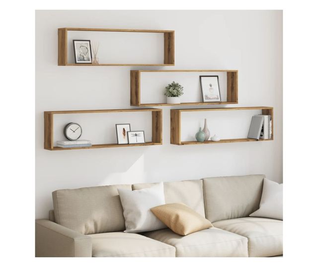 4 db kézműves tölgyszínű szerelt fa fali kockapolc 100x15x30 cm