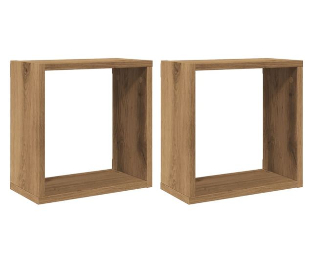 2 db kézműves tölgyszínű szerelt fa fali kockapolc 30x15x30 cm