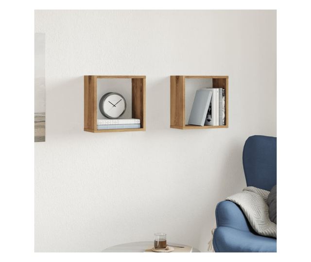 2 db kézműves tölgyszínű szerelt fa fali kockapolc 30x15x30 cm