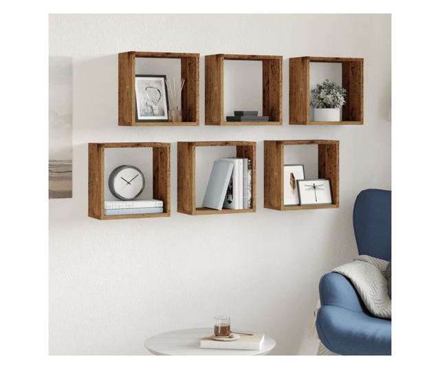 6 db antik fa színű szerelt fa fali kockapolc 30x15x30 cm