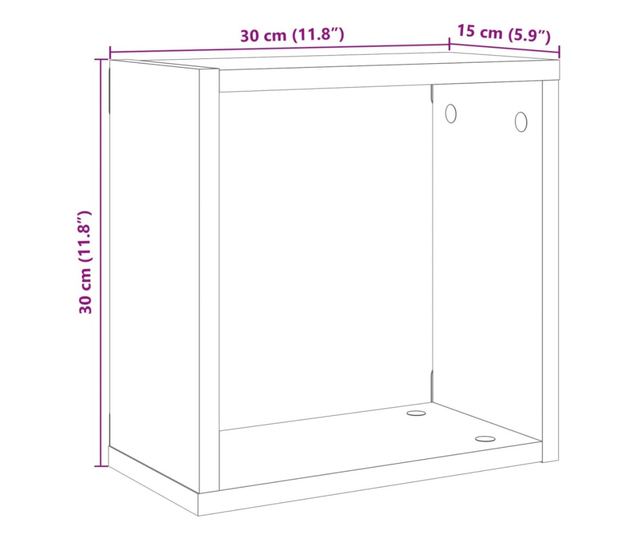 2 db kézműves tölgyszínű szerelt fa fali kockapolc 30x15x30 cm