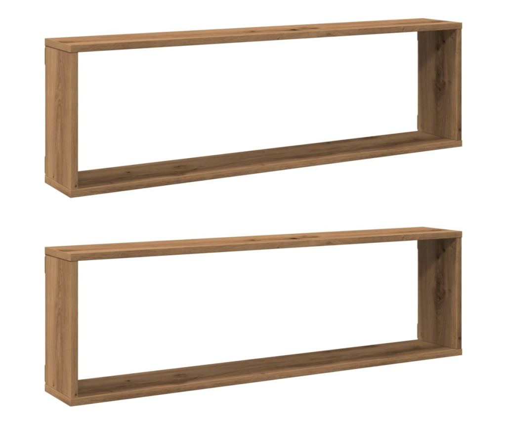 2 db kézműves tölgyszínű szerelt fa fali kockapolc 100x15x30 cm - 2