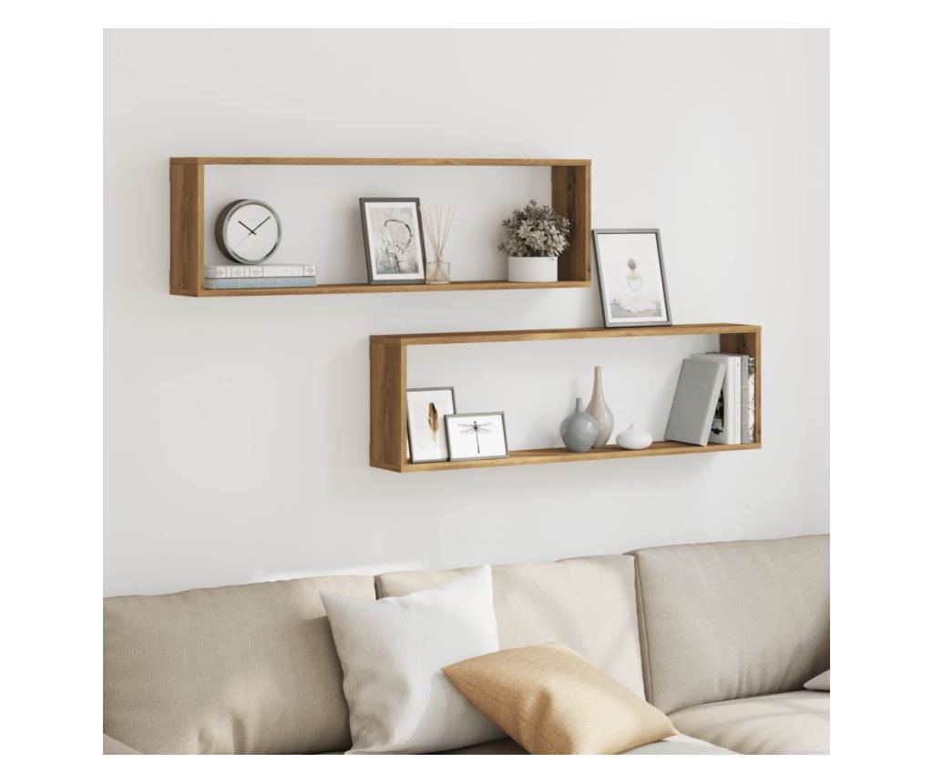2 db kézműves tölgyszínű szerelt fa fali kockapolc 100x15x30 cm - 3
