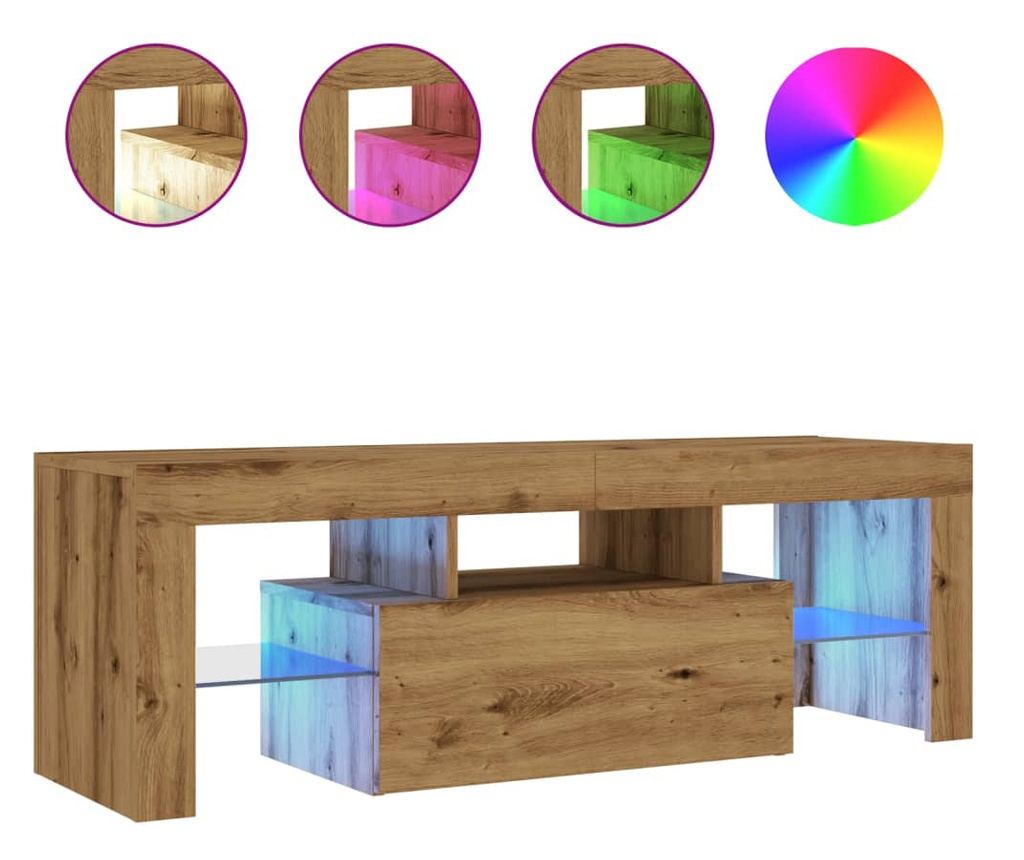 kézműves tölgy szerelt fa TV-szekrény LED-ekkel 120x36,5x40 cm - 2