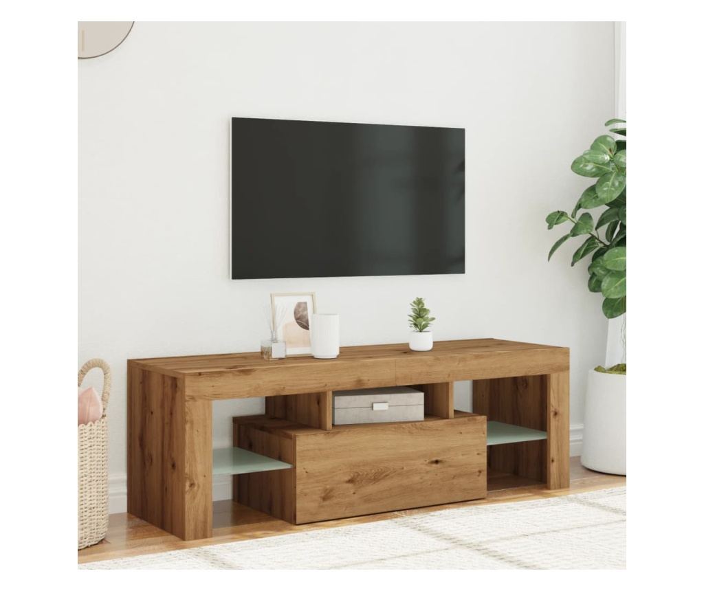 kézműves tölgy szerelt fa TV-szekrény LED-ekkel 120x36,5x40 cm - 4