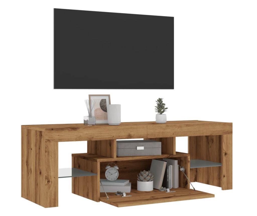 kézműves tölgy szerelt fa TV-szekrény LED-ekkel 120x36,5x40 cm - 5