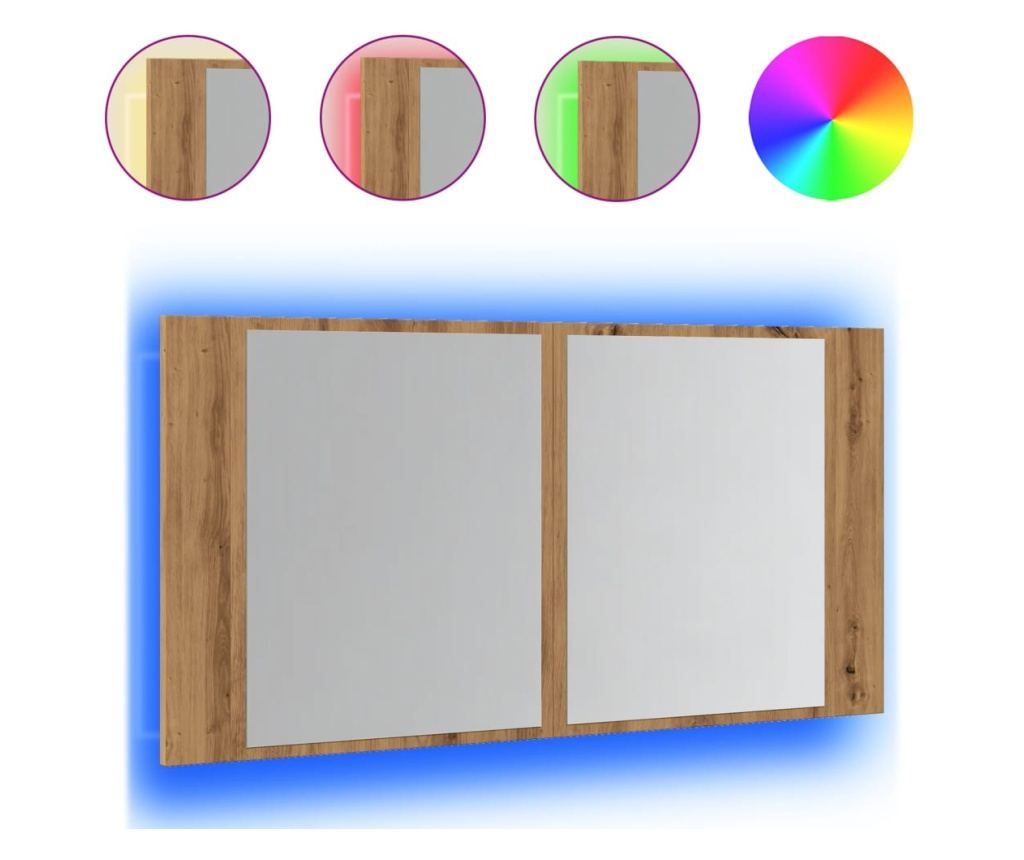 kézműves tölgy szerelt fa tükrösszekrény LED-del 90x12x45 cm - 2