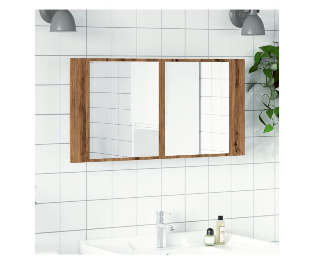 kézműves tölgy szerelt fa tükrösszekrény LED-del 90x12x45 cm - 4