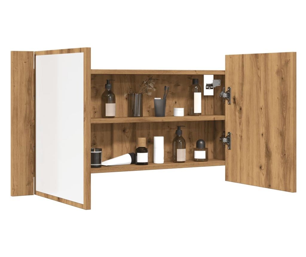 kézműves tölgy szerelt fa tükrösszekrény LED-del 90x12x45 cm - 5