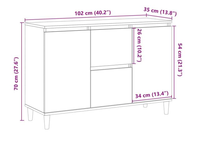 kézműves tölgy színű szerelt fa tálalószekrény 102 x 35 x 70 cm