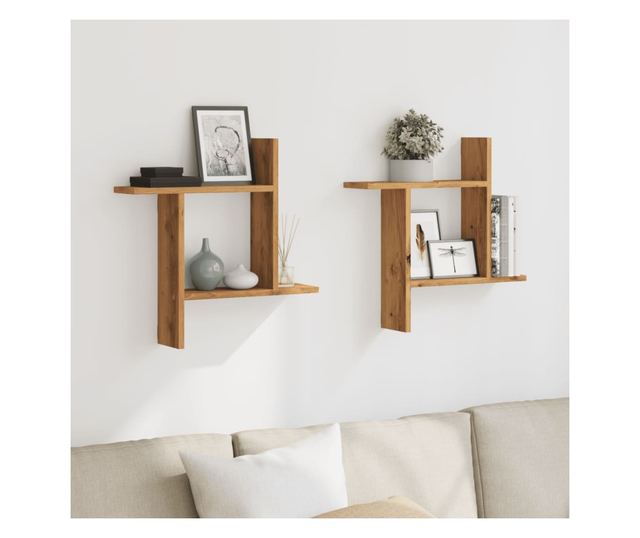 2 db kézműves tölgy színű szerelt fa fali polc 50 x 12 x 50 cm