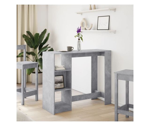 betonszürke szerelt fa bárasztal polccal 124 x 46 x 103,5 cm