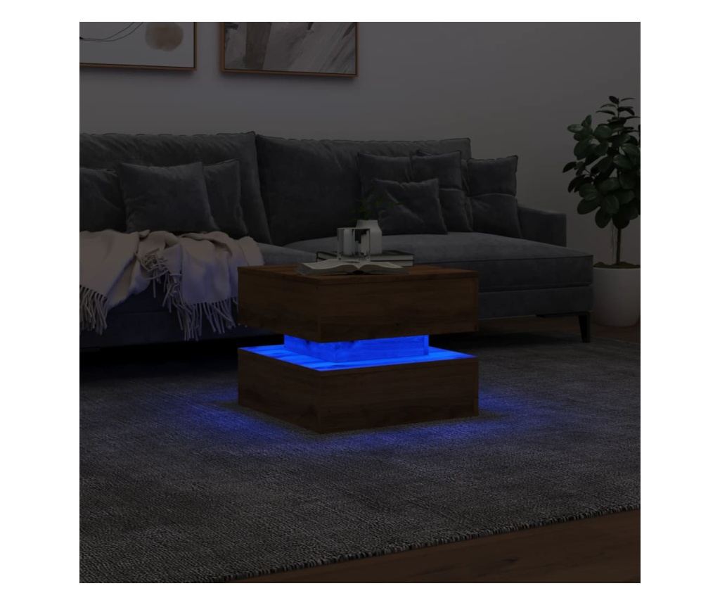 kézműves tölgy színű dohányzóasztal LED-lámpákkal 50x50x40cm - 5