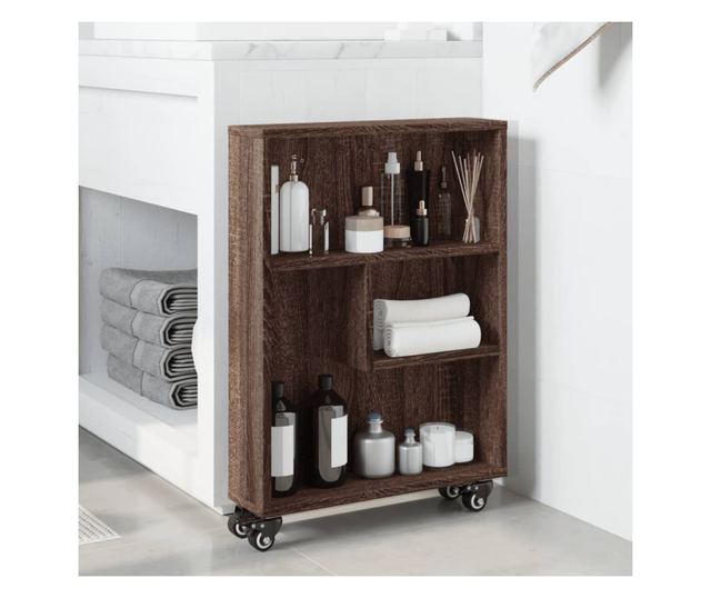 barna tölgy színű szerelt fa keskeny tárolókocsi 48x13x68 cm