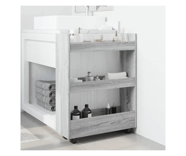 3 szintes szürke sonoma színű szerelt fa keskeny tárolókocsi