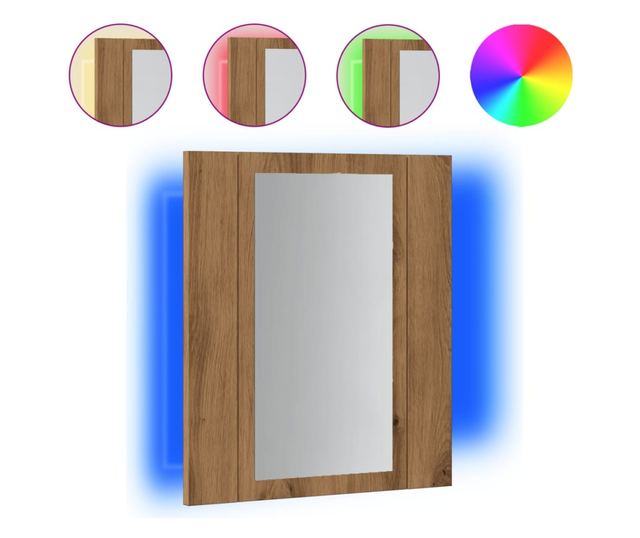 kézműves tölgy szerelt fa tükrös szekrény LED-del 40x12x45 cm