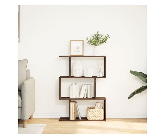 3 szintes barna tölgy fa elválasztó könyvespolc 70x24x97 cm