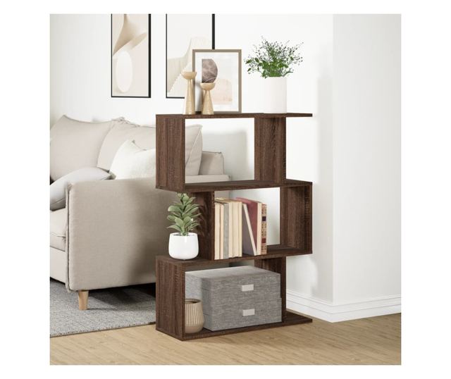 3 szintes barna tölgy fa elválasztó könyvespolc 70x24x97 cm