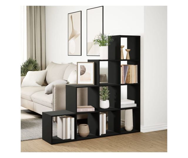 4 szintes fekete fa térelválasztó könyvespolc 131,5x29x131,5 cm