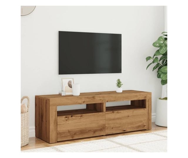 kézműves tölgy szerelt fa TV-szekrény LED-ekkel 120x35x40 cm