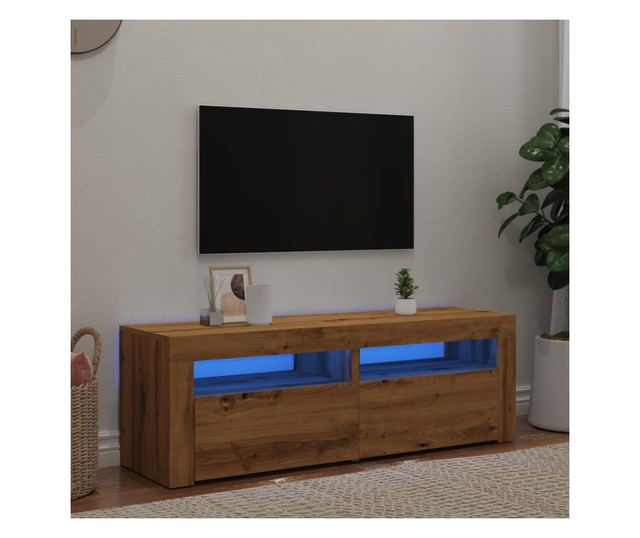 kézműves tölgy szerelt fa TV-szekrény LED-ekkel 120x35x40 cm
