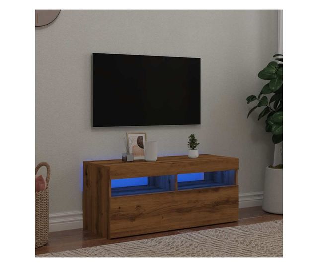 kézműves tölgy szerelt fa TV-szekrény LED-ekkel 90x35x40 cm