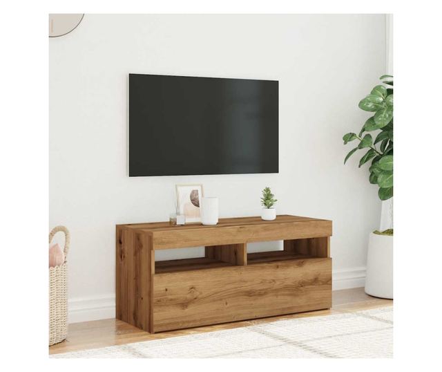 kézműves tölgy szerelt fa TV-szekrény LED-ekkel 90x35x40 cm