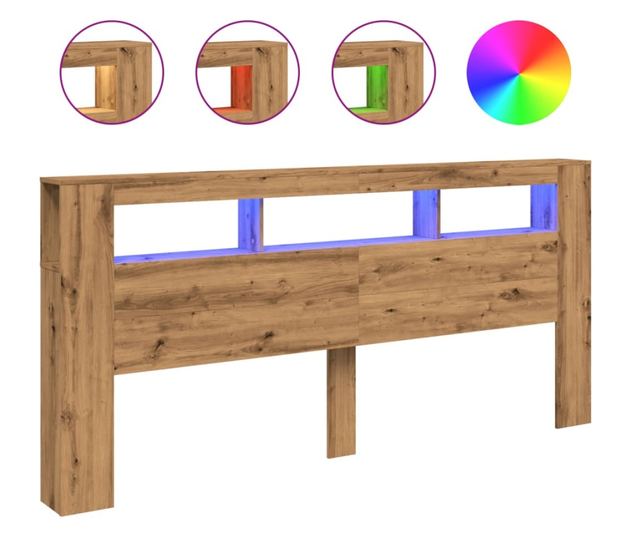 kézműves tölgyszínű szerelt fa LED-es fejtámla 220x18,5x103,5cm