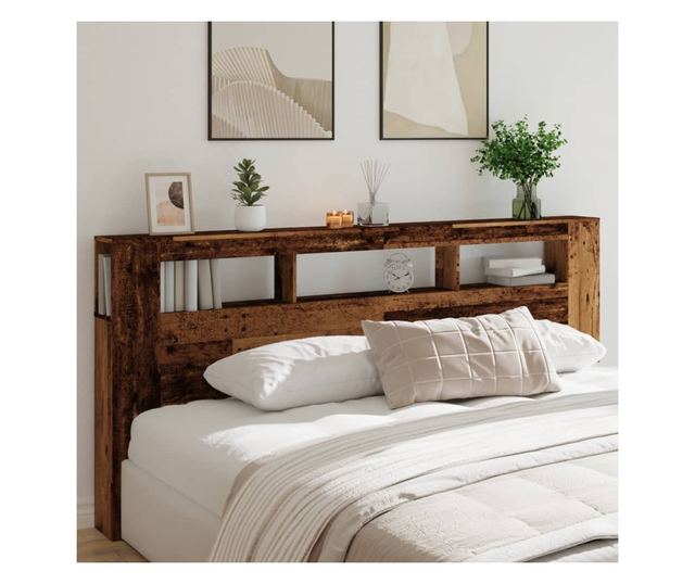 antik fa színű szerelt fa LED-es fejtámla 220x18,5x103,5 cm