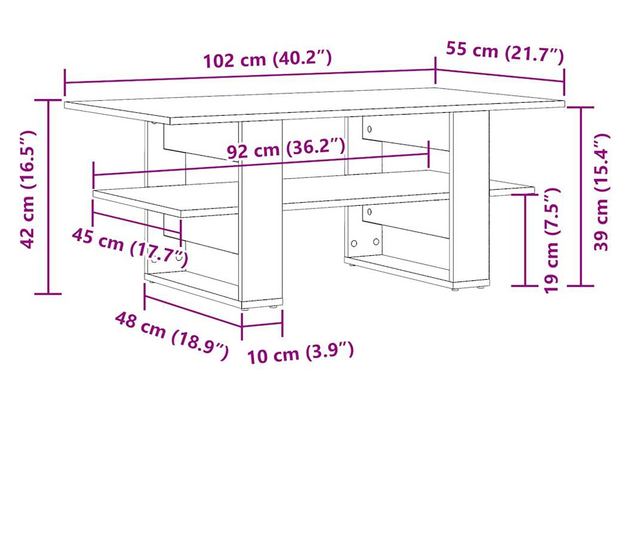 antik fa színű szerelt fa dohányzóasztal 102 x 55 x 42 cm