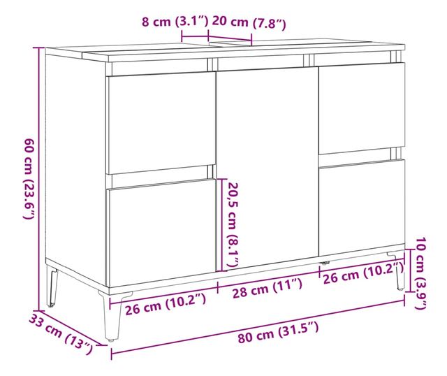 kézműves tölgy színű szerelt fa mosdószekrény 80 x 33 x 60 cm