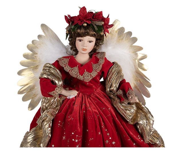 Piros és arany színű angyal figura textilből, 50x30x65 cm