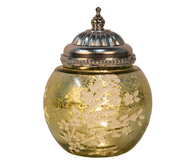 LED Gyertya, Zöld Üveg Ezüst Fém Díszítéssel, 11x15 cm