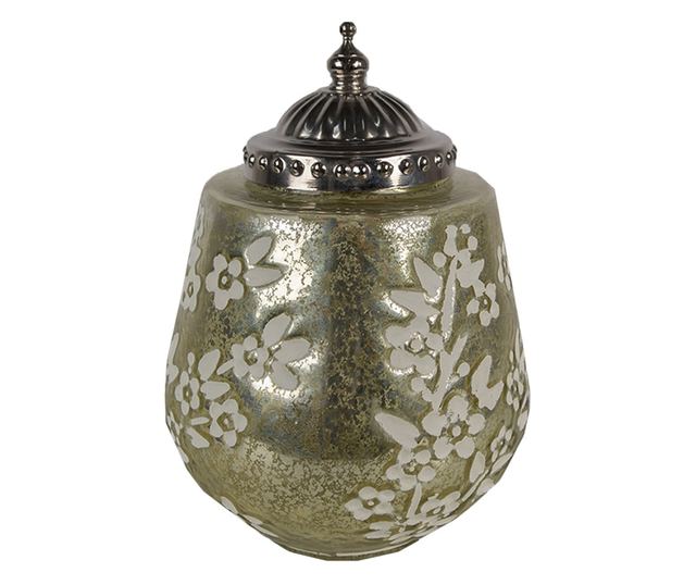 LED gyertya zöld és fehér üveggel, ezüst színű fémmel, 13x19 cm