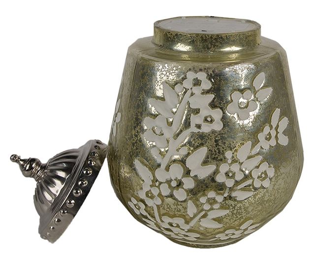 LED gyertya zöld és fehér üveggel, ezüst színű fémmel, 13x19 cm