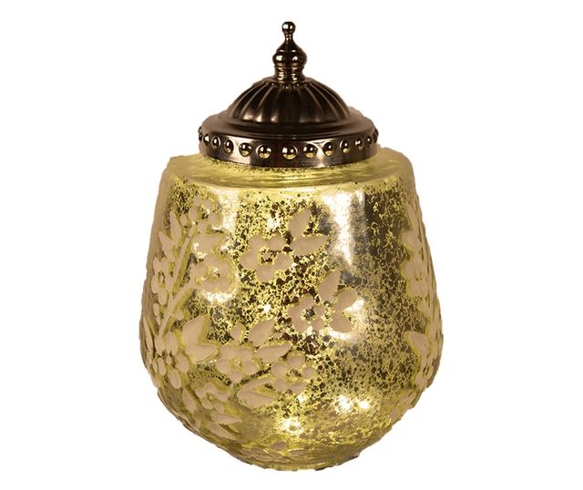 LED gyertya zöld és fehér üveggel, ezüst színű fémmel, 13x19 cm