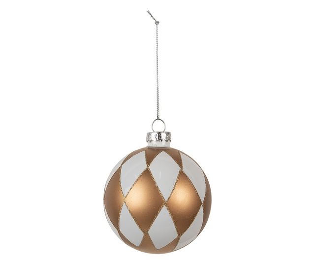 6 darabos, fehér és arany üveg karácsonyfa dísz szett, 8x8 cm