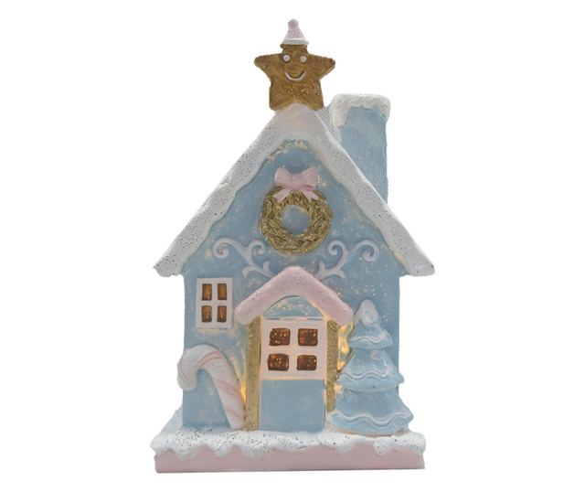 Mézeskalács ház, többszínű, polirezin, LED, 9x8x15 cm