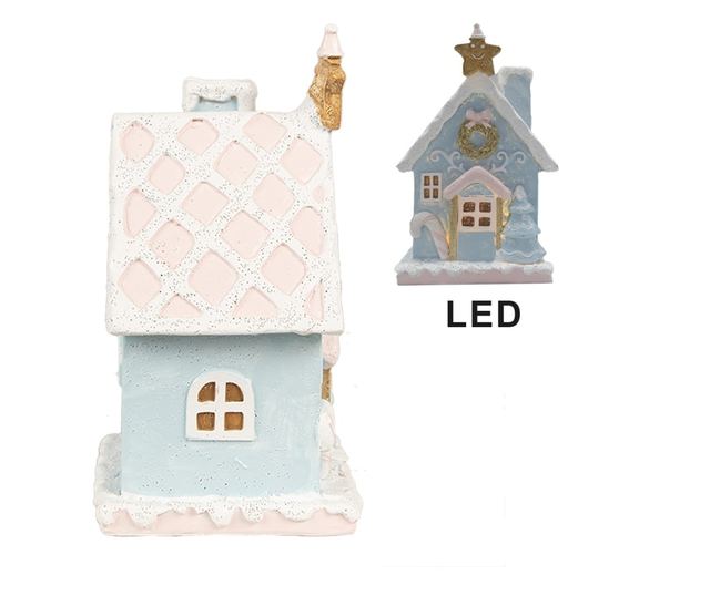 Mézeskalács ház, többszínű, polirezin, LED, 9x8x15 cm