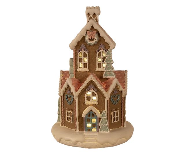 Mézeskalács házikó, többszínű polirezin LED-del, 14x22 cm