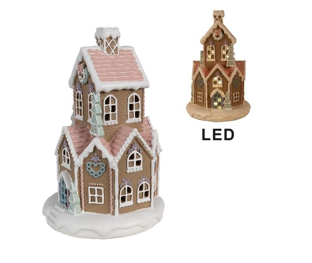 Mézeskalács házikó, többszínű polirezin LED-del, 14x22 cm