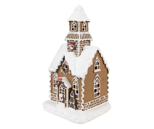 Mézeskalács házikó barna és fehér műgyantából LED-del 13x11x25 cm