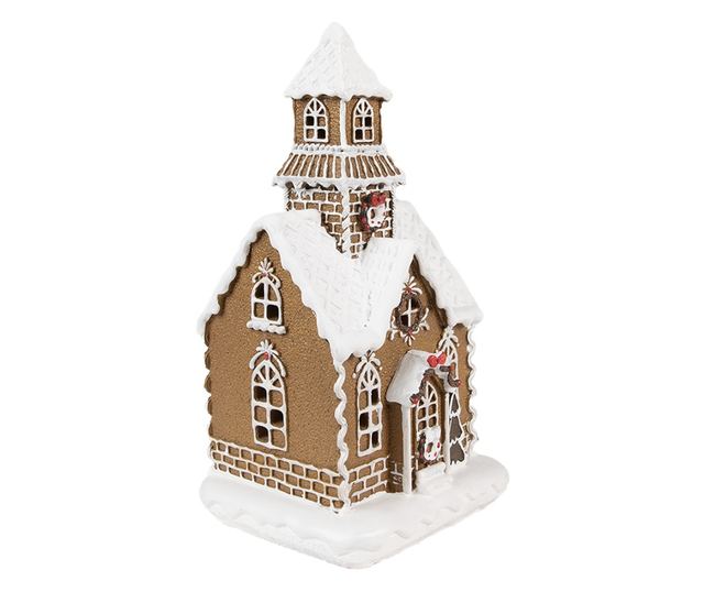 Mézeskalács házikó barna és fehér műgyantából LED-del 13x11x25 cm