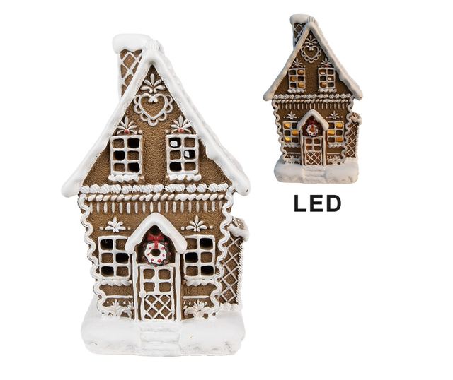 Mézeskalács házikó műgyanta barna fehér LED 13x10x21 cm