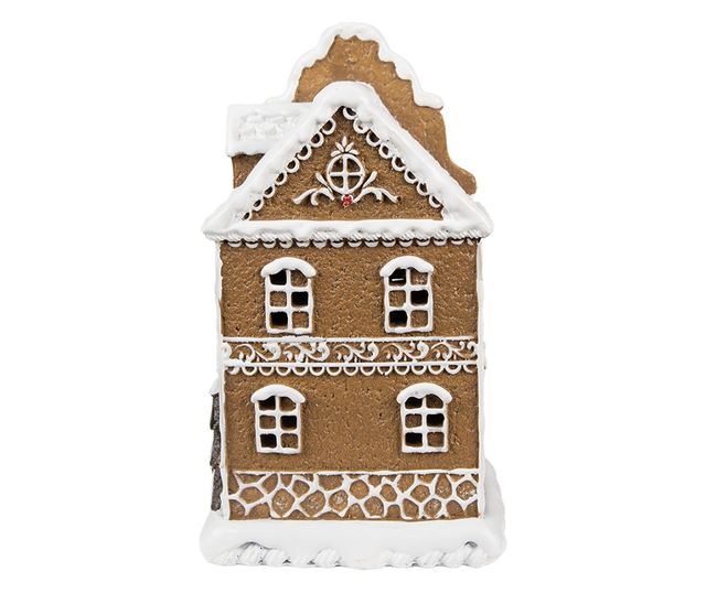 Mézeskalács házikó műgyanta barna fehér LED 12x10x21 cm