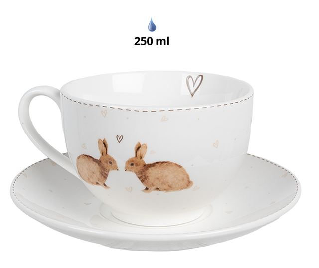 4 darabos fehér és barna porcelán nyuszi bögre készlet, 12x9x6 cm, 14x2 cm, 250 ml