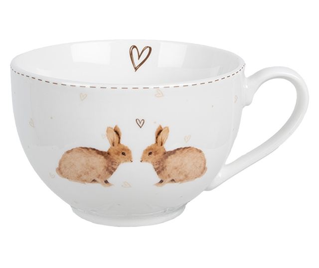 4 darabos fehér és barna porcelán nyuszi bögre készlet, 12x9x6 cm, 14x2 cm, 250 ml